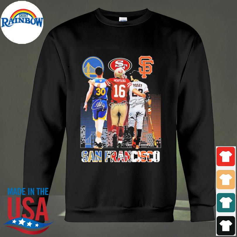 San Francisco Joe Montana Jersey 16 Buster Posey 28 legends signature city  skyline poster sport shirt, hoodie, sweater, long sleeve and tank top