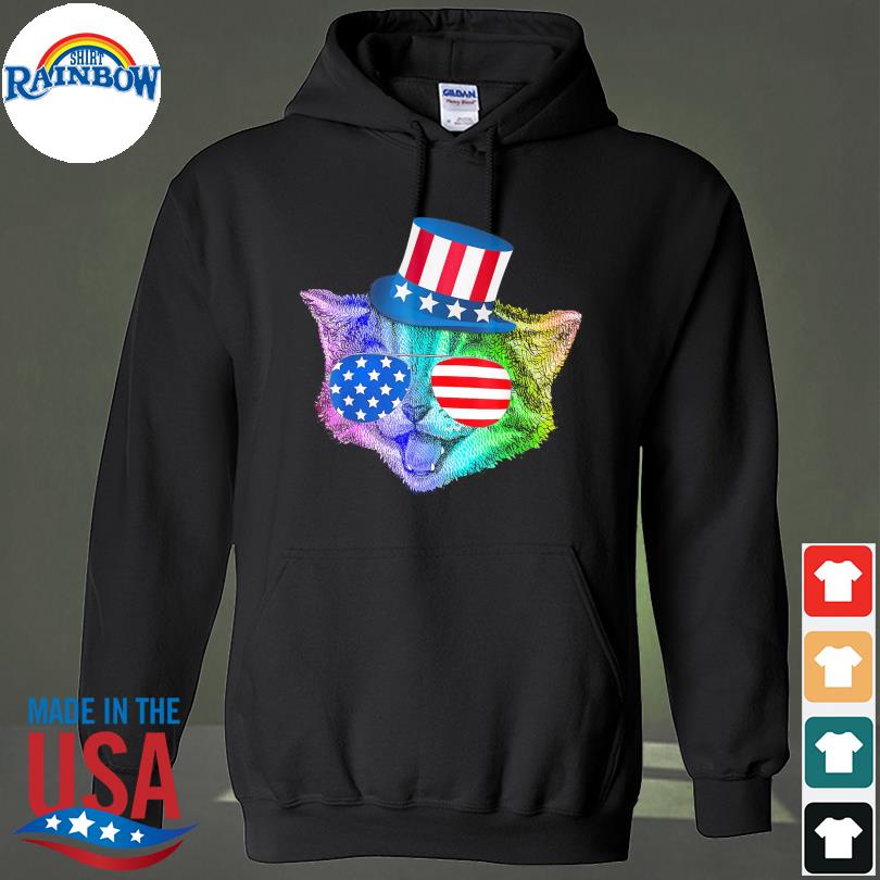 Rainbow feline cat 4th of july American flag hoodie