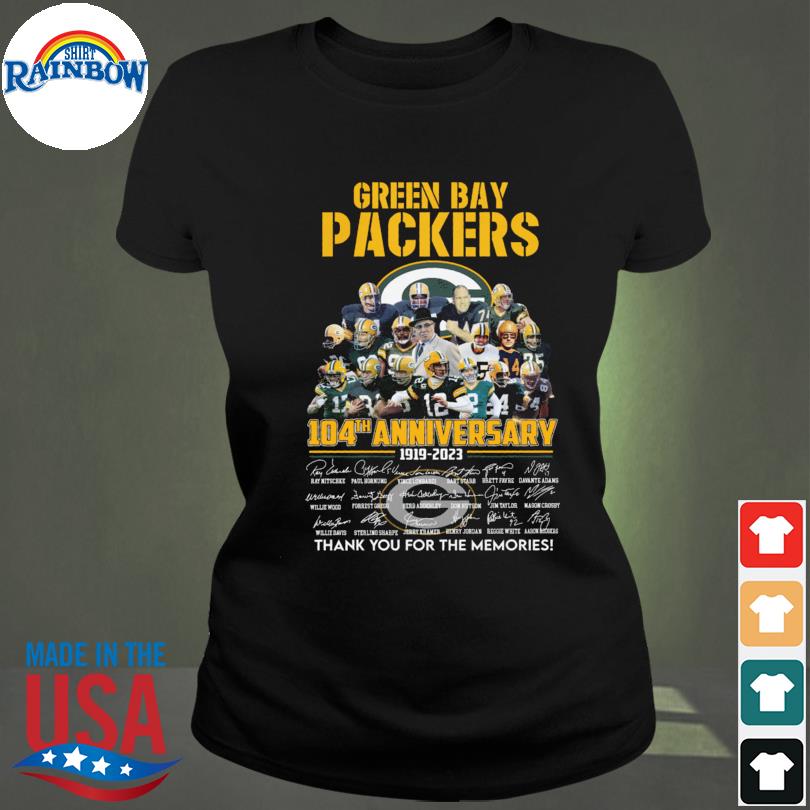 Green bay packers 104th anniversary 1911 2023 thank you for the memories  signatures shirt, hoodie, sweater, long sleeve and tank top