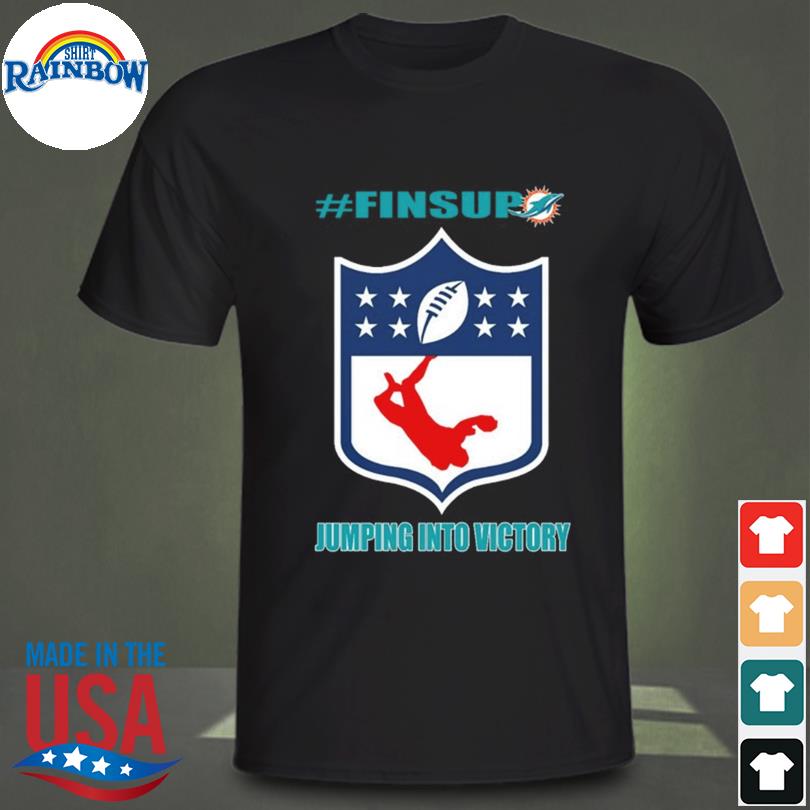 Miami Dolphins fins up jumping into victory shirt