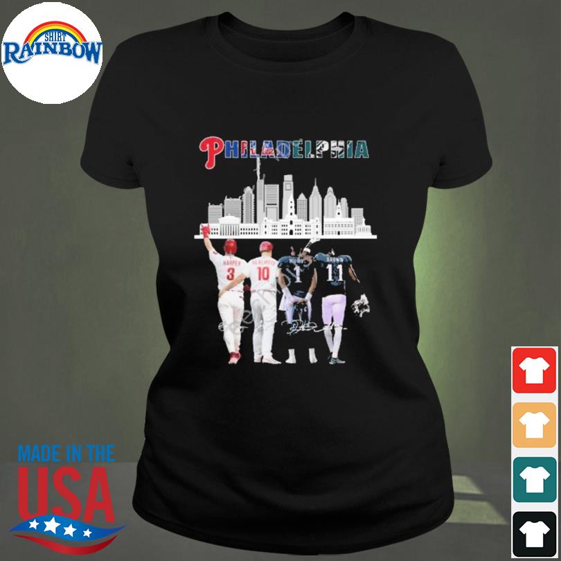 Official Philadelphia skyline philadelphia phillies and philadelphia eagles  signatures 2022 shirt, hoodie, sweater, long sleeve and tank top