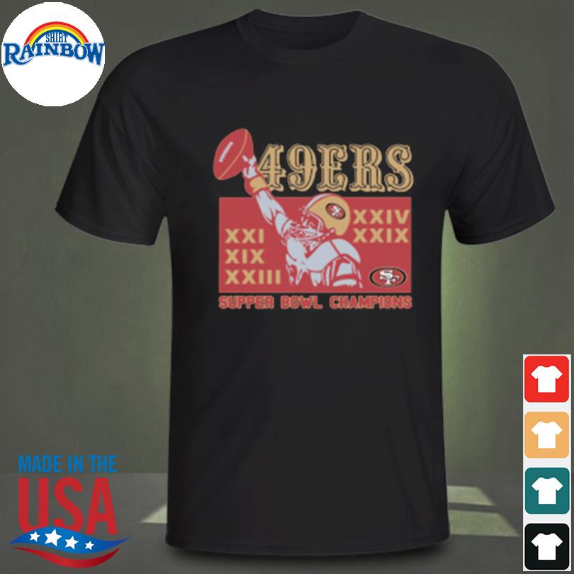 San Francisco 49ers 5 Time Super Bowl Champions T-Shirt from Homage. | Officially Licensed Vintage NFL Apparel from Homage Pro Shop.