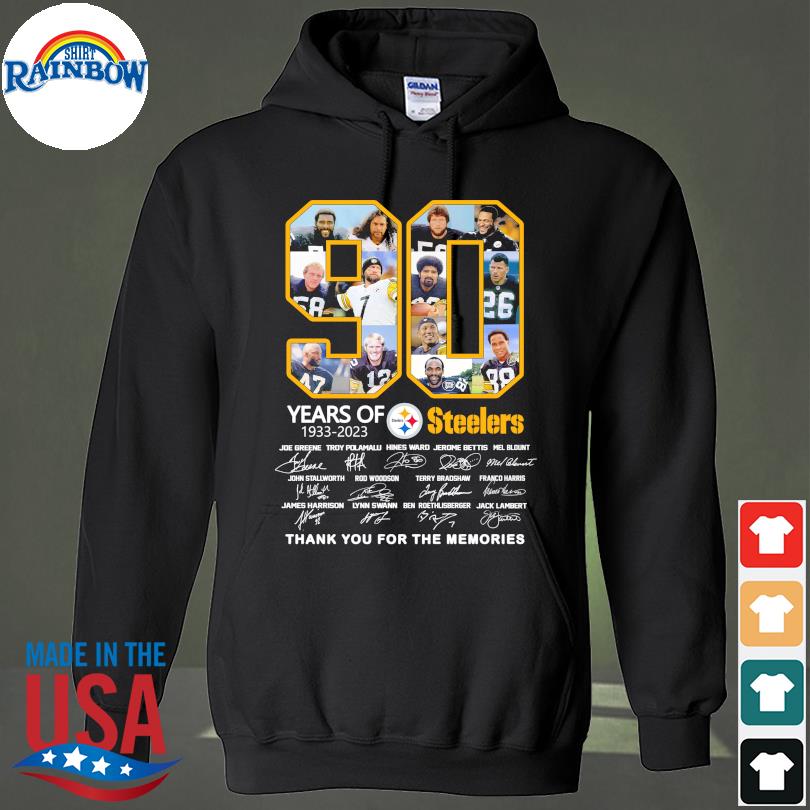 Funny Pittsburgh steelers 90 years of 1933 2023 thank you for the memories  signatures shirt, hoodie, sweater, long sleeve and tank top