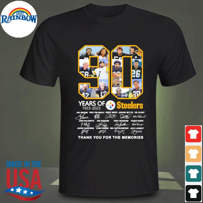 Funny Pittsburgh steelers 90 years of 1933 2023 thank you for the memories  signatures shirt, hoodie, sweater, long sleeve and tank top