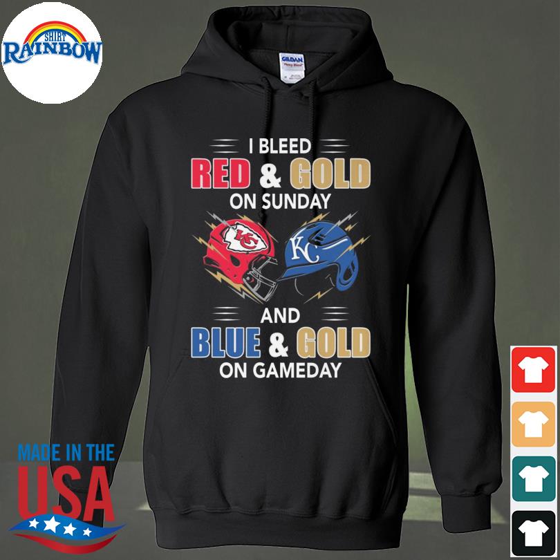 I bleed red and god on sunday and blue and gold on gameday 2023 s hoodie