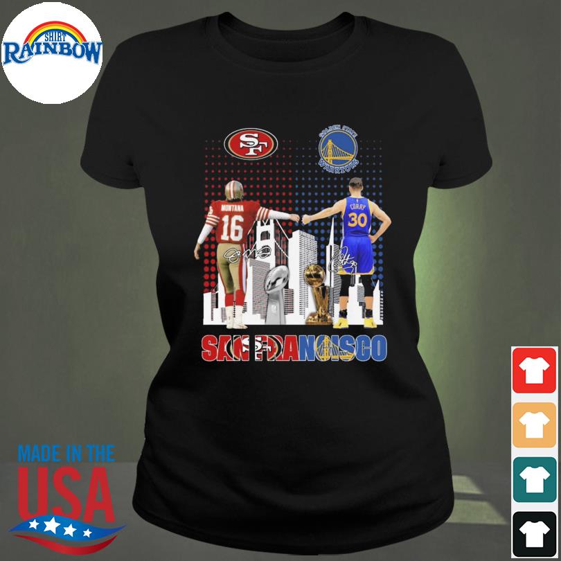 San Francisco 49ers Joe Montana and Golden State Warriors Stephen Curry  skyline signatures shirt, hoodie, longsleeve tee, sweater